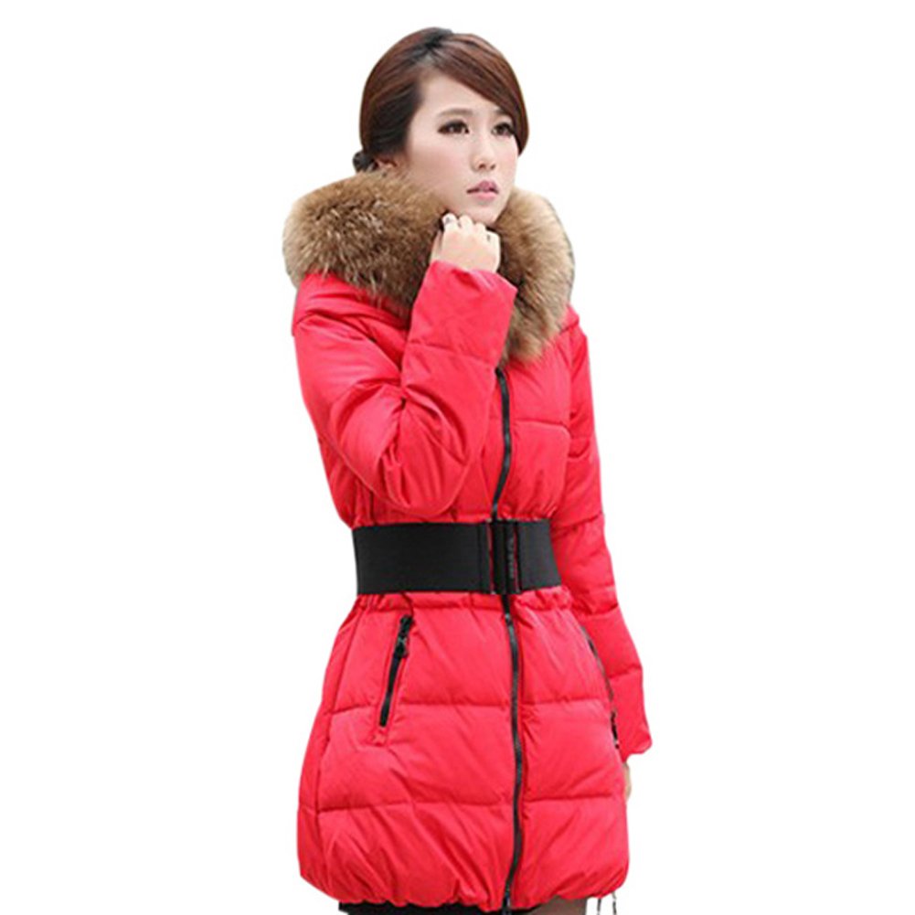 ROPALIA Womens Faux Fur Collar Down Coat Removeable Hooded Long Jacket With Belt