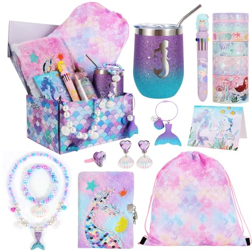 LiYiQ Regalos de sirena para niñas, kit de diario para niños, cesta de regalo de sirenita con álbum de recortes, suministros de diario, mochila, vaso, joyería, llavero de maquillaje, regalos para