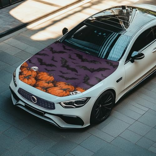 Image of Bat Skull Pumpkin Print Car Hood Cover Easy to Install Fabric Hood Cover Halloween Vehicles Decorate Engine Removable Automotive Accessories Personalized Suitable for Cars(59x39 Inch)