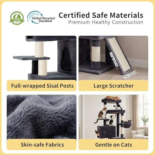 Image of Heybly Cat Tree, 74-Inch Streamlined Cat Tower for Large Cats HCT061G | Cat Furniture with 3-Tier Stacked Condos, Large Perch, Sturdy Base, Full Sisal Scratching Posts & Ramp, Smoky Gray