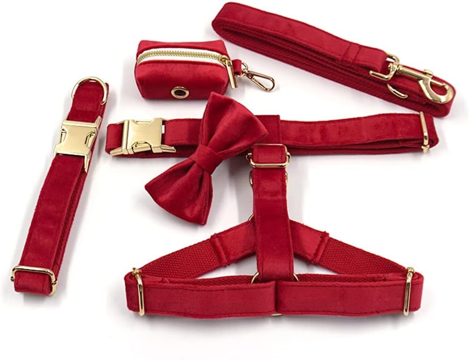 Red Velvet Dog Harness Personalized 5pcs/Set Pet Bowtie Collar Leash Poop Bag Functional Traction Set Custom
