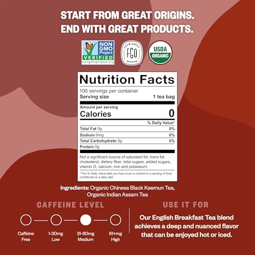 Image of FGO Organic English Breakfast Black Tea, 100 Count, Eco-Conscious Tea Bags, Resealable Bag, Packaging May Vary (Pack of 1)