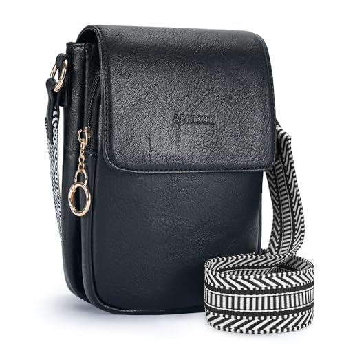 APHISON small Crossbody Phone Bag for Women Wide Strap Phone Wallet Shoulder Bag Phone Card Slots with Adjustable Breathable Strap Black