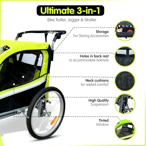 Image of Booyah Strollers 3 in 1 Double Child Baby Bike Bicycle Trailer, Jogger, Stroller with Suspension| 88 lb Capacity | Helmet-Friendly Design, Ventilation, and Storage
