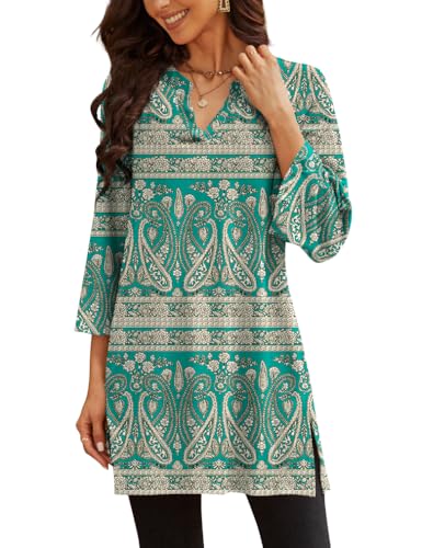 Image of Poetsky 3/4 Length Flutter Sleeve Vneck Floral Tops Dressy Casual Boho Tunic Shirts Split L