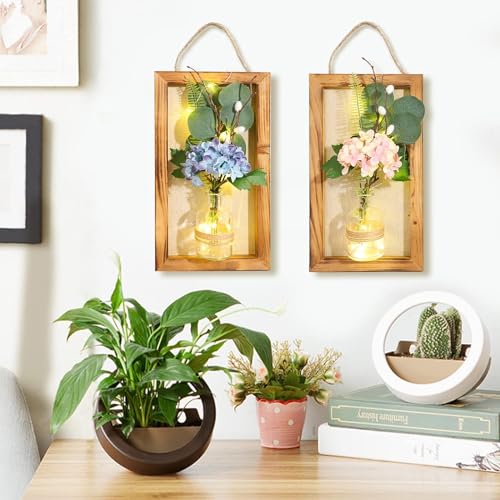Image of Handmade Glass Wall Sconces with LED String Lights - Decorative Mason Jar Wall Decor with Hydrangea Bouquet - Perfect Housewarming Gift