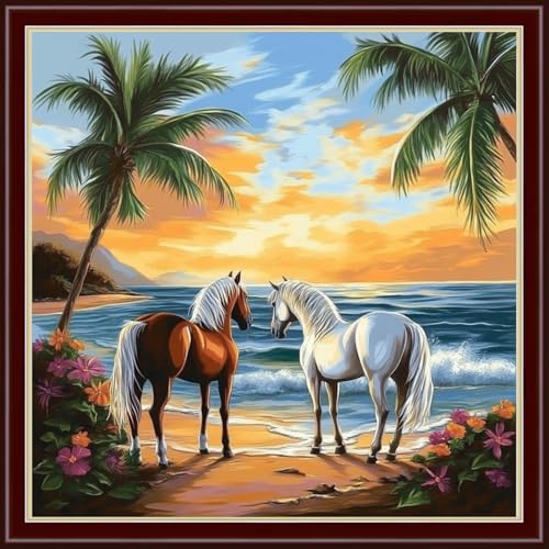 Image of Dimensean Stamped Cross Stitch Kits Full Range of Embroidery Patterns Starter Kits for Beginners Adult DIY Cross Stitches Needlepoint Kits 11CT- Seaside Steed 18x18 inch