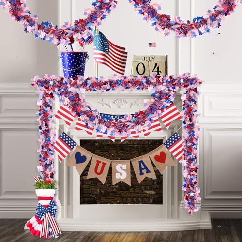 Image of 50FT 4th of July Decorations Red White Blue Star American Flag Tinsel Garland, Glitter Patriotic Garland for Memorial Day Decor Fourth of July Independence Day Outdoor Indoor Home Party Supplies
