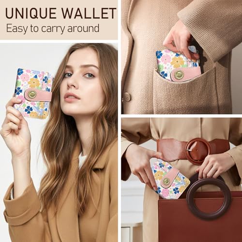 Image of Kelvoris Pastel Flower Floral Small Rfid Women Wallet Zipper Coin Pocket | Art Bifold PU Leather Compact Cash Credit Card Holder Travel Purse for Female Ladies Teen Girls 1 ID Window 10 Card Slots