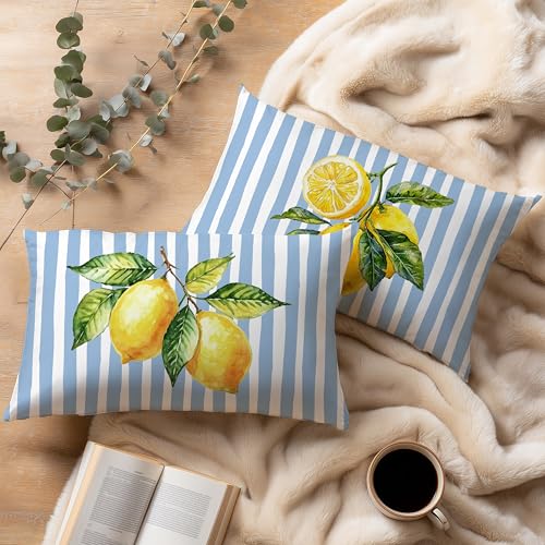 Image of Blue and Yellow Summer Italian Mediterranean Amalfi Coast Lemon Pillow Cover Decor 12x20,Italian Striped Decorative Throw Pillow Cover Decor for Couch Set of 2 Double-Sided