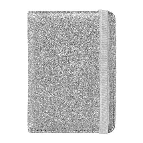 Leather RFID Passport and Vaccine Card Holder Cover, Glitter Leather Slim Water Resistant, Strap CDC Vaccine Card Slot Passport Wallet Travel Wallet Passport Cover for Men and Women (Silver Glitter)
