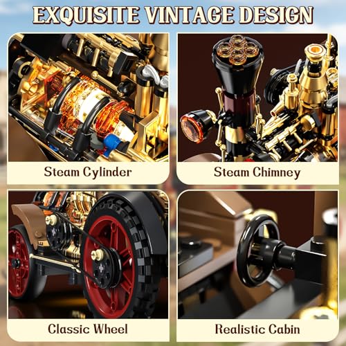 Image of OWNONE 1 Vintage Car Steam Engine Building Blocks Set with Lights, Western Retro Steam Tractor Locomotive Model Building Kit for Vintage & West Lovers, Creative Home Office Decor Gift for Adults Teens