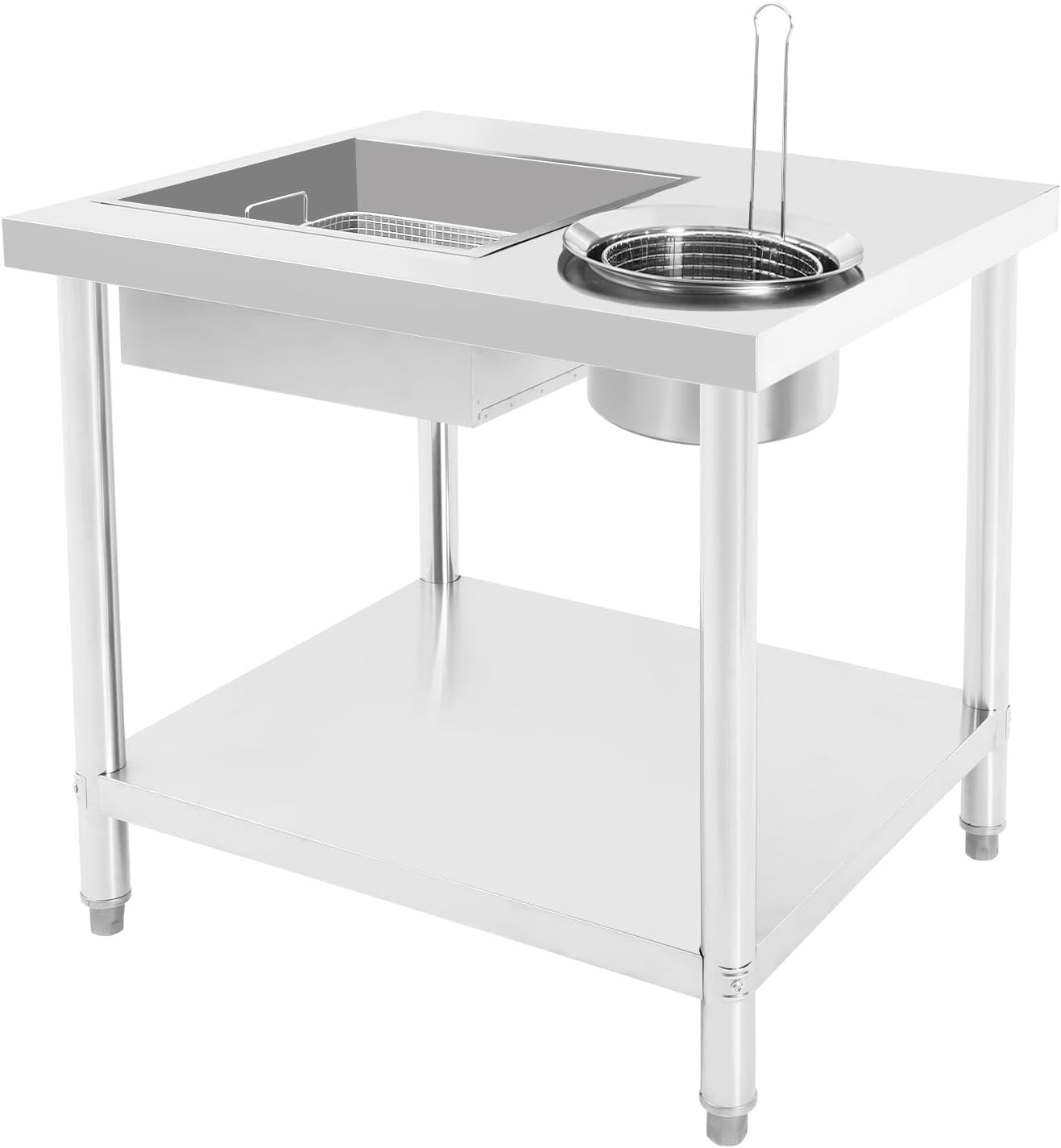 Commercial Breading Table Commercial Food Prep Table for Fried Chicken Stainless Steel Workstation with 2 Baskets and 2 Basins Height-Adjustable Legs Lower Storage Shelf for Kitchen Restaurant Canteen