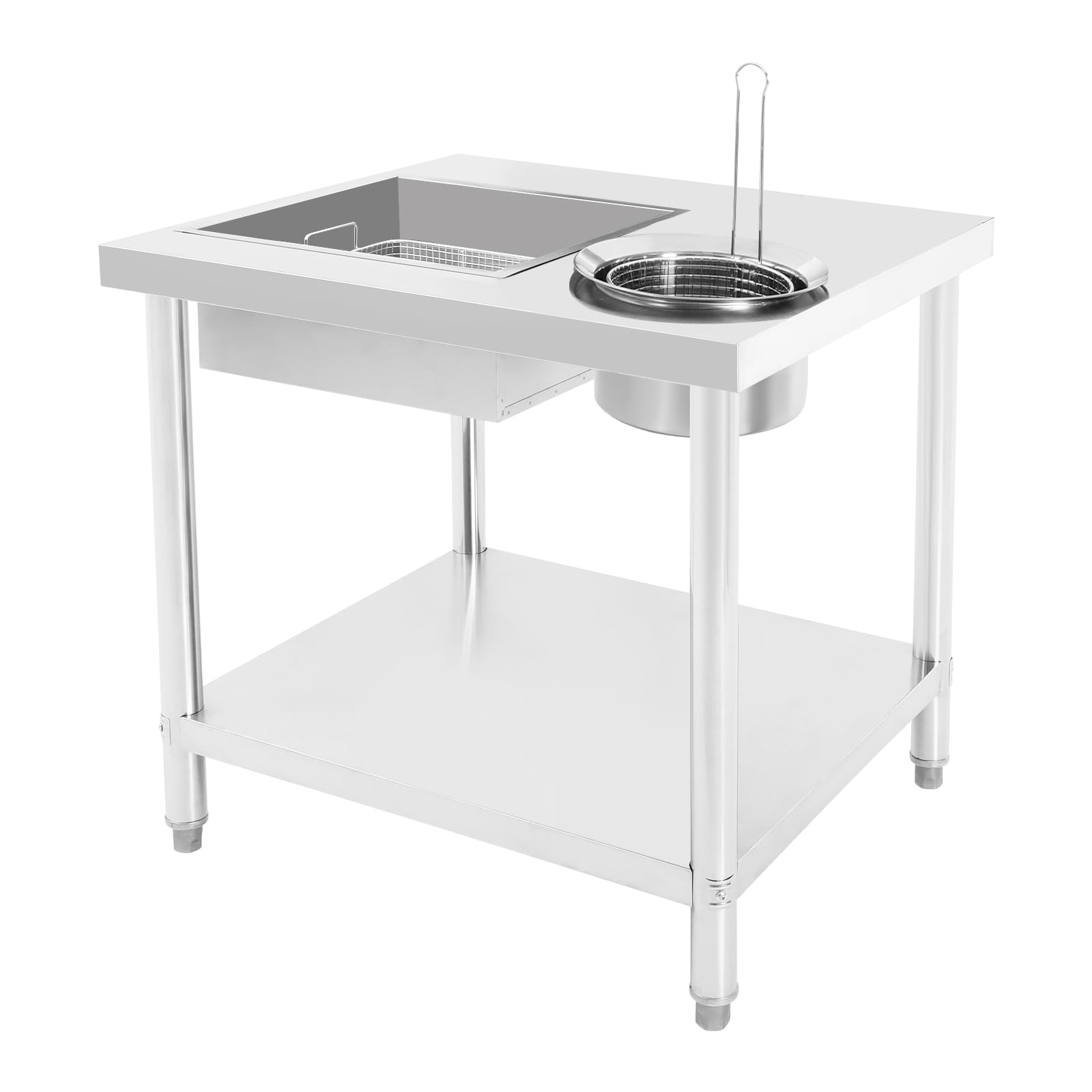 Mesa de preparación de pollo frito de plata, acero inoxidable, encimera de pollo frito, empanado, para restaurantes de pollo frito, restaurantes de comida rápida, hoteles 80 x 55 x 80 cm