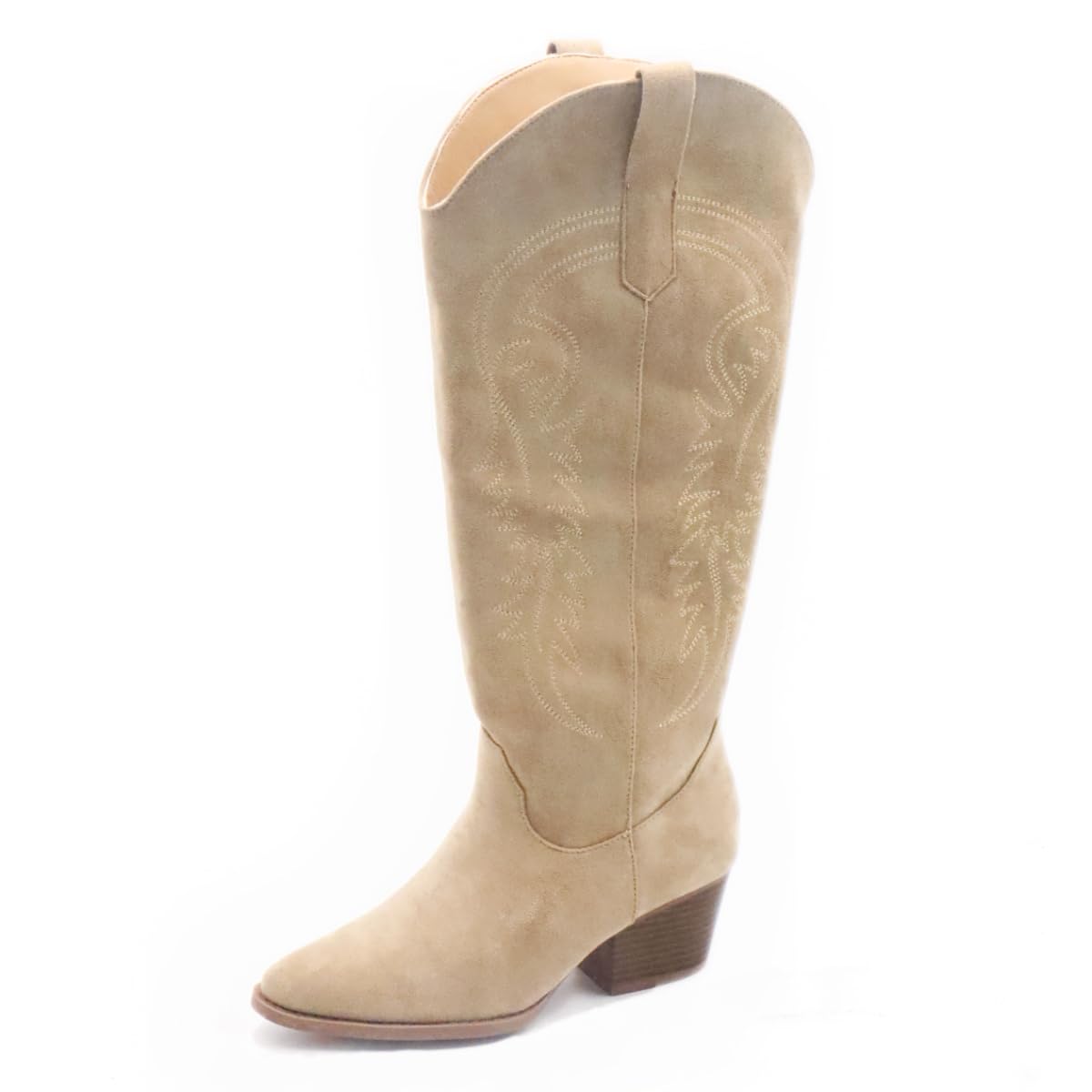 Wide calf cowboy boots women Embroidered Western Womens Knee-High Boots Pointed Toe Chunky Heel Cowgirl Boots