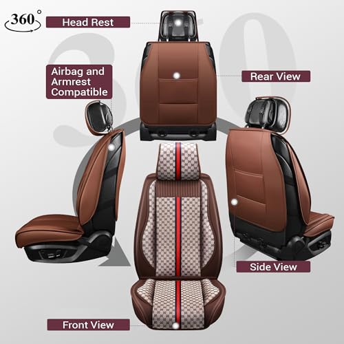 OASIS AUTO Car Seat Covers Full Set Premium Waterproof Faux Leather Cushion Universal Accessories Fit SUV Truck Sedan Automotive Vehicle Auto Interior Protector(OS-007 Brown) - Thumbnail 2