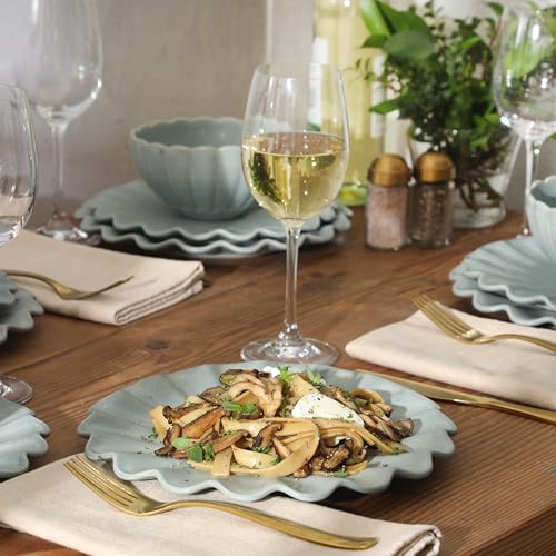Image of Gibson Elite Bistro Fleur Plates and Bowls Sets, 12-Piece Stoneware Dinnerware Set for 4, Sage Blue Scalloped Dish Set with Dinner Plates, Salad Plates & Bowls