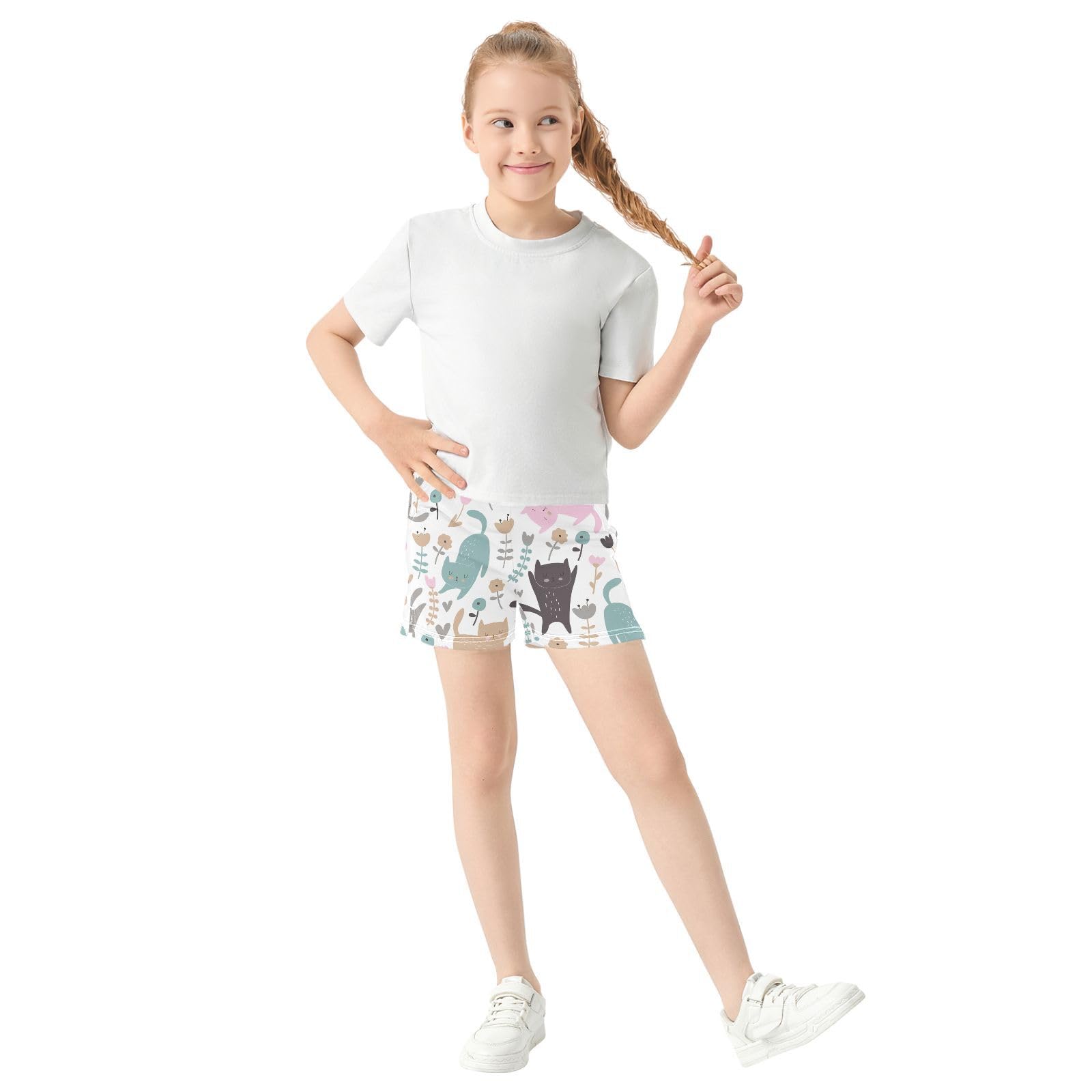 pnyoin Girl's Shorts Cute Cats Flowers Athletic Running Shorts with Pockets Size 7-8t Multi