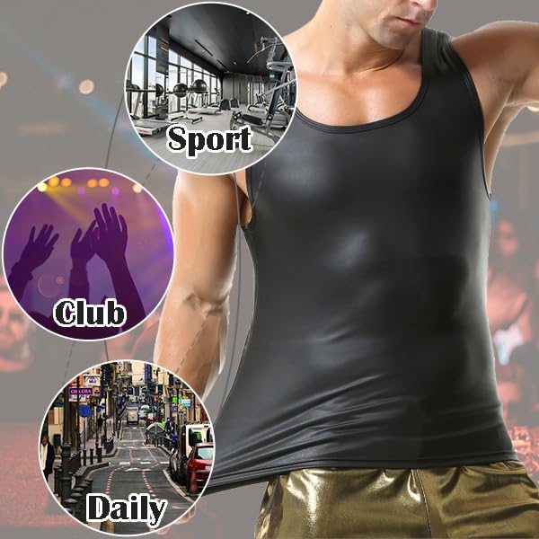 Men's Faux Leather T-Shirt Elastic Band Undershirt Muscle Tank Tops for Rave Party4