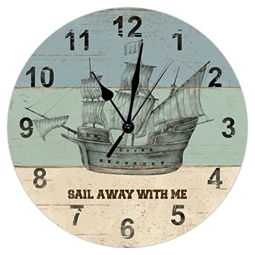 Sail Away with Me Wall Clock Pirate Ship Hanging Wall Clock Ocean Lover 12inch Coastal Silent Non-Ticking Battery Operated Large Wall Clock Home Decor for Bedroom Farmhouse Living Room Office Home