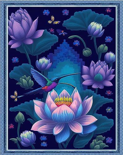 Image of Findvoor Stamped Cross Stitch Kits for Beginners Full Range of Cross Stitching Embroidery Pattern for Adults, 11CT DIY Needlepoint Embroidery Starter Kits-Hummingbird Lotus 15.7x19.7 inch