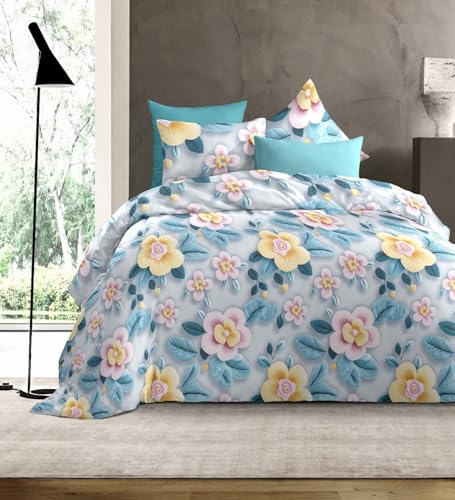 Image of DECOR2ADMIRE 300 TC Premium 7D Print Super King Size Cotton Bedsheet Set with 2 Pillow Covers | Ultra Soft 108 inch x 108 inch | Elegant Floral Designs (Blue Floral Charm)