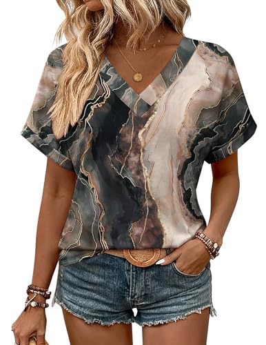 Zeagoo Womens Summer Tops Rolled Short Sleeve V Neck Shirts Casual Dressy Business Work Blouses Outfits - Image 2