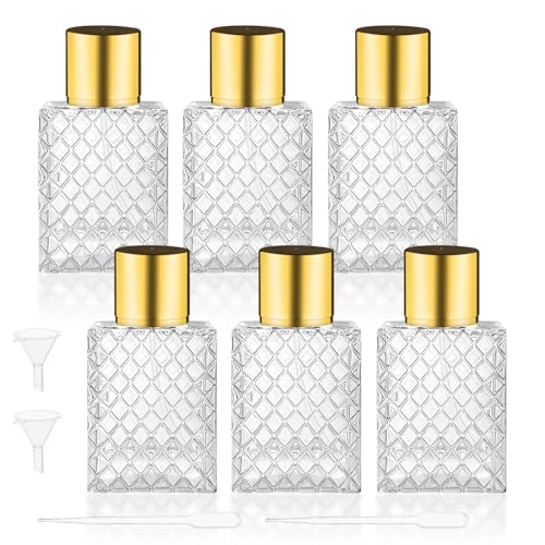 6 Pcs 50ml/1.7oz Glass Perfume Spray Bottles with Gold Lid Empty Square Fine Mist Sprayer Refillable Atomizer Pump Bottle for Water Alcohol Toner Essential Oils,2 Pipettes,2 Funnels