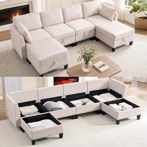 Mjkone Canapé U Convertible Lin 4-Places 280cm avec Ottomans Rangement Beige