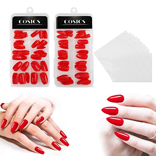 Press On Nails Red Medium, 200PCS Cosics Glossy Red Fake Nails Full Cover with Storage Box, Colored Acrylic Nails Coffin Ballerina Shape & Almond Stiletto Nails with Adhesive Tabs for Salon Women DIY