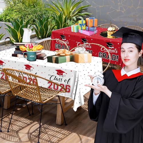 Image of 2026 Graduation Decorations,Congrats Grad Tablecloth 2pcs White Red Class of 2026 Table Covers Rectangle for Graduation Party Supplies,108x54inch(Red)