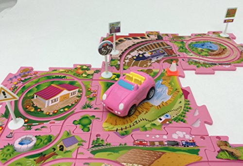Perfect Life Ideas Theme Vehicle Puzzle Track Play Set - Battery Operated Toy Themed Style Vehicle Runs on Interchangeable Puzzle Tracks - Make up to 50 Track Combinations (Pink Sports Car) - Thumbnail 2