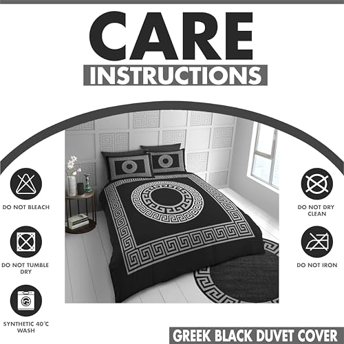 Lions Microfibre Bedding - Reversible Greek Double Bed Duvet Cover Sets with Matching Pillowcase, 100% Polyester Hypoallergenic Quilt Covers, Soft Geometric Pattern, Black - 200x200cm - Image 4