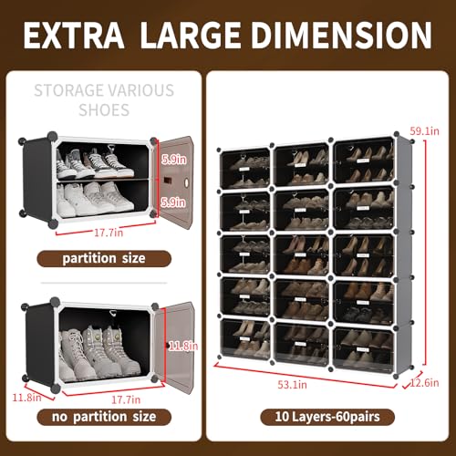 Image of MAGINELS 6-Tier Shoe Rack,Expandable Plastic Shoe Cabinet. Shoe Storage with Door,Entryway, Closets, Hallway, and Bedroom.Accommodates Up to 24 Pairs of Shoes.Grey (3 by 10-(60 Pairs))