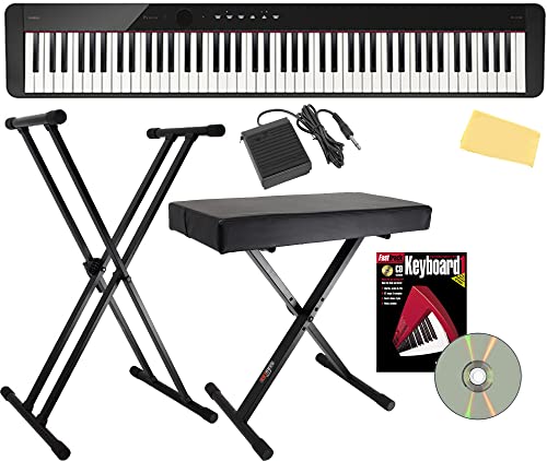 Casio Privia PX-S1100 Digital Piano Bundle with Adjustable Stand, Bench, Sustain Pedal, Instructional Book, Austin Bazaar Instructional DVD, and Polishing Cloth - Black