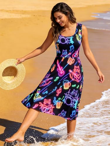 Image of uideazone Women Funny Print Sleeveless U Neck A Line Casual Midi Dress | Soft Stretchy Breathable Fabric Flared Swing Sundress Fitted Waist for Daily Wear 80 /90s Themed Party Beach Vacation Trips