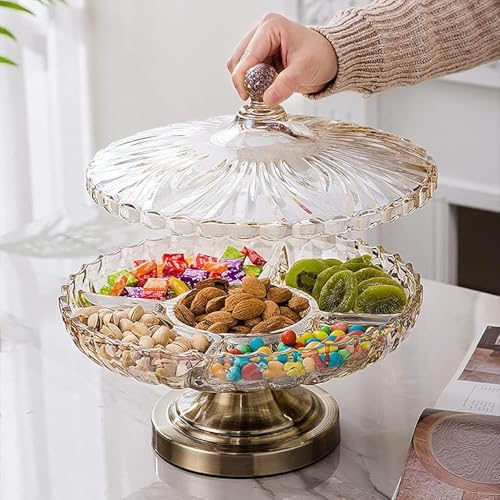 Plateau à goûter en verre divisé avec couvercle, 5 compartiments pour noix, fruits secs, base en métal, plateau de service pour table basse, décoration d'intérieur