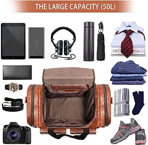 Travel Duffel Bag for Men, Large PU Leather Carry on Duffle Bag for Traveling, Waterproof Duffel Bag for Men Overnight Weekender Gym Bag with Shoe Compartment - Perfect for Daily Use/ Birthday Gift 3 Travel Duffel Bag for Men, Large PU Leather Carry on Duffle Bag for Traveling, Waterproof Duffel Bag for Men Overnight Weekender Gym Bag with Shoe Compartment - Perfect for Daily Use/ Birthday Gift