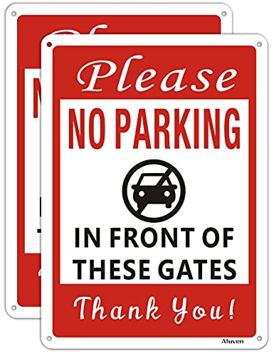 Paquete de 2 señales de puerta por favor no estacionamiento delante de estas puertas, metal reflectante de 25.4 x 17.78 cm, aluminio libre de óxido, uso al aire libre, tinta impermeable y duradera Cover