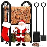 Amagabeli Kaminholzregal Innen Brennholzregal mit 4 Kaminwerkzeug Kaminholzständer Kaminbesteck für Außen Kaminholzhalter Holzregal für Kamin Kaminofen Besteck Schmiedeeisen Schwarz