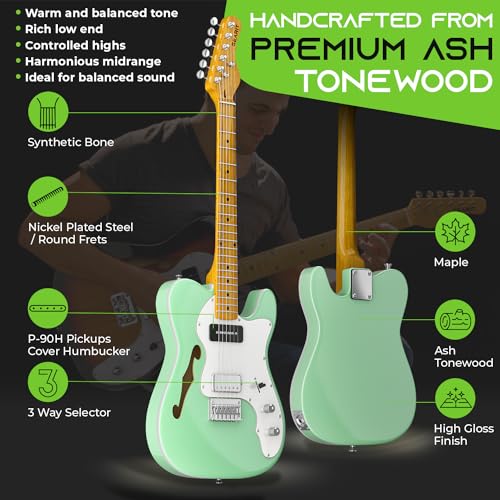 GearIT Electric Guitar (Premium Ash Tonewood),Thinline Semi-Hollow Body, GTL-200 Shoreline Series, 39in Full-Size, P90 Pickup, Humbucker with Coil Split, Round Frets, Accessories - Surf Green 5 GearIT Electric Guitar (Premium Ash Tonewood),Thinline Semi-Hollow Body, GTL-200 Shoreline Series, 39in Full-Size, P90 Pickup, Humbucker with Coil Split, Round Frets, Accessories - Surf Green - Image 3