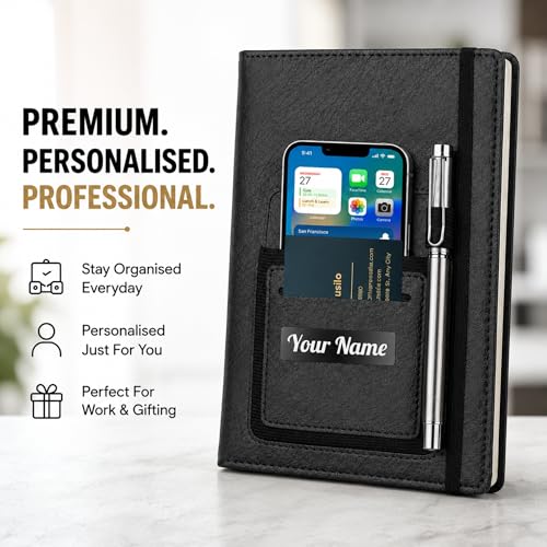 Image of Personalised Name PRINT | A5 Executive Notebook Diary with Mobile Holder, Card Slot & Pen Loop | Premium PU Leather Journal for Office, Meetings & Corporate Gifting | Office Diary & notebook