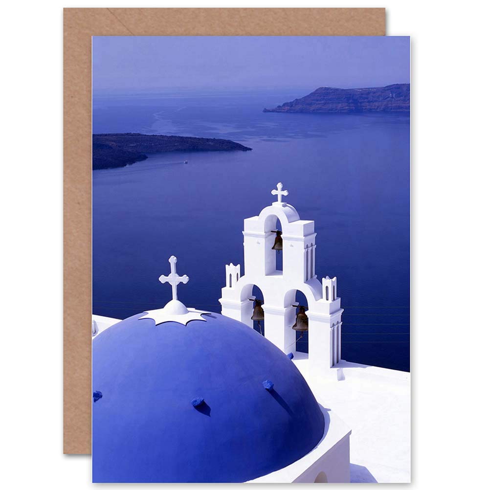 Wee Blue Coo SANTORINI CHURCH BLUE DOMED ROOF GREECE HOME BLANK GREETINGS CARD