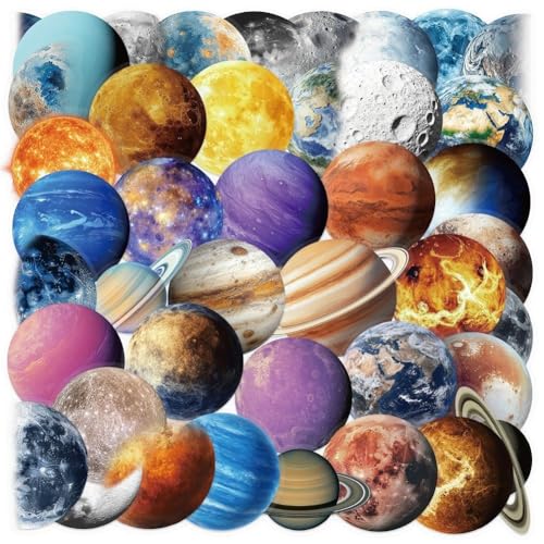 Wudaizhi - Autocollants Planètes De L'univers, 50 Pièces, Autocollants En Vinyle De Dessin Animé Pour Enfants Adolescents, Autocollants En Vinyle Imperméables Vintage Astronomie, Autocollants Du Système