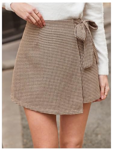 Floerns Women's Houndstooth Print Tie Front Skorts Asymmetrical Hem High Waist Skirt Shorts4