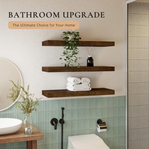 Image of 36 inch Extra Deep Floating Shelves, Set of 3, Walnut Wood | 36 inchL x 12 inchD x 1.8 inchH, Set of 3, Solid Paulownia Wood, Walnut Finish, Hidden Brackets, Hardware Included