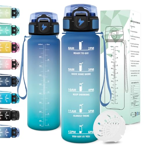 Motswedi Botella agua 1 litro, Reutilizable, Cantimplora, a Prueba de Fugas, Botella agua Gimnasio, con Marcador de Tiempo, botellas Gympara Escuela, Gym, Yoga, Oficina, Azul Verde