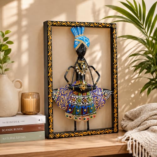 Image of iHandikart Metal Wall Art for Home Decor | Rajasthani Folk Musician Wall Sculpture with Stone Work | Hand-Painted Iron Wall Hanging for Living Room, Bedroom, Hallway, Office | 11.5 x 8 Inch