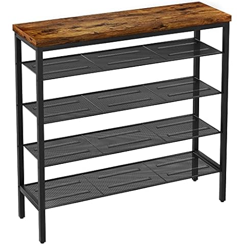 IBUYKE Estante zapatero, 105x30x95 cm, Estante para zapatos con 5 baldas, Estante de malla para 12 pares de zapatos, Marrón Rústico Negro Cover