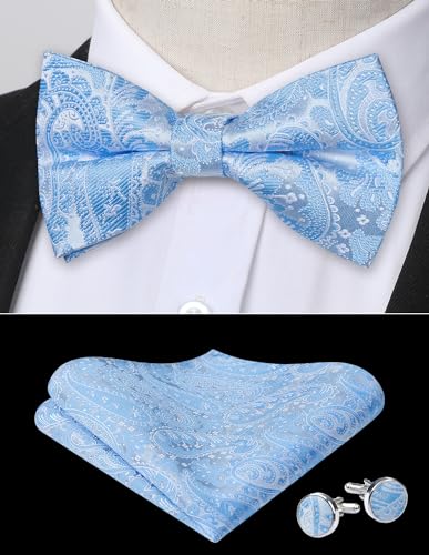 Image of HISDERN Bow Ties for Men Pre-Tied Bow Tie Floral Paisley Handkerchief Classic Formal Bowtie and Pocket Square Cufflinks Set